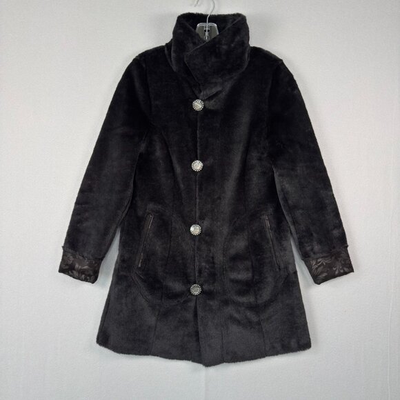 ADELAQUEEN Metallic Jacquard Coat XS Black Reversible Brocade Faux Fur Trim NWOT - Picture 5 of 15